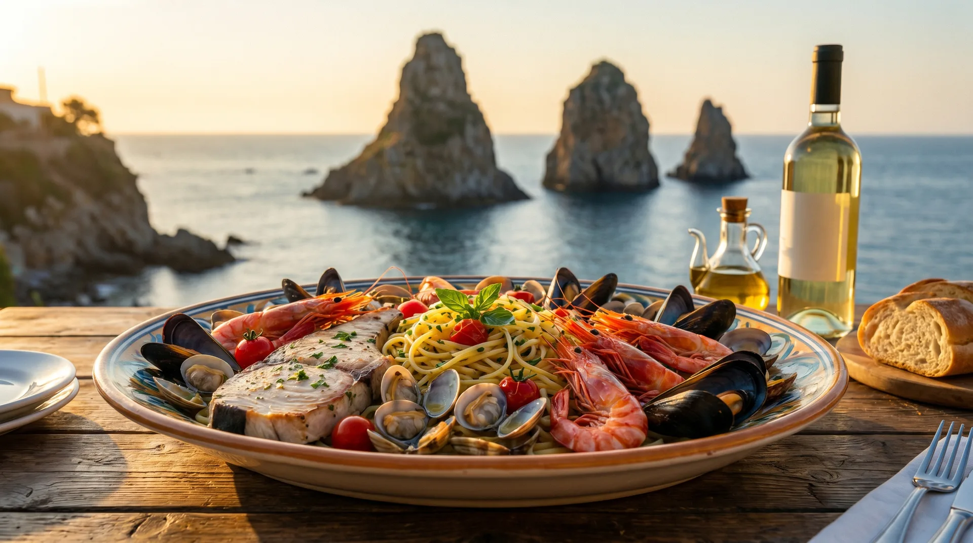 Piatto di pesce davanti ai Faraglioni di Aci Trezza