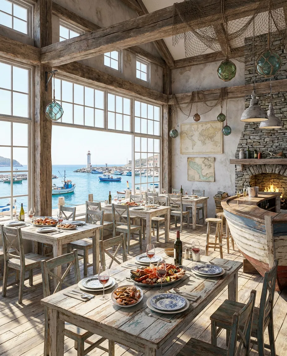 Sala della trattoria con vista mare ad Aci Trezza